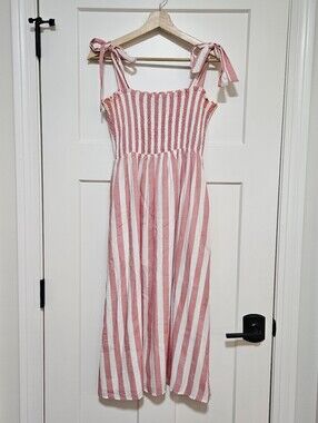 Lulus Looking Up Red Striped Smocked Tie-Strap Midi Dress Womens Small Sundress